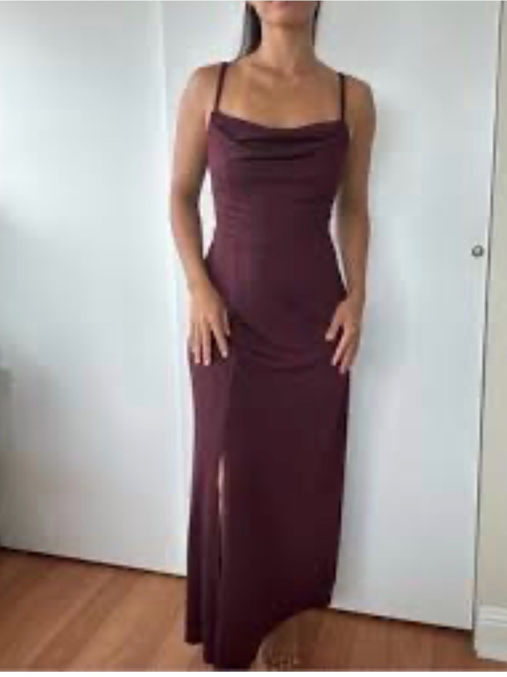 Birdy Grey Burgundy Cowl Neck Slit Maxi Bridesmaid Dress Size Small